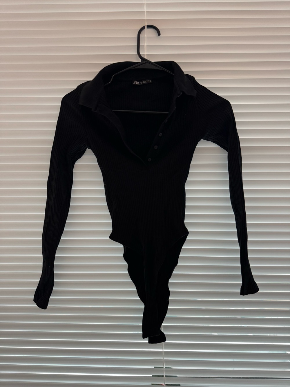 Zara Black Ribbed Long-Sleeve Collared Bodysuit